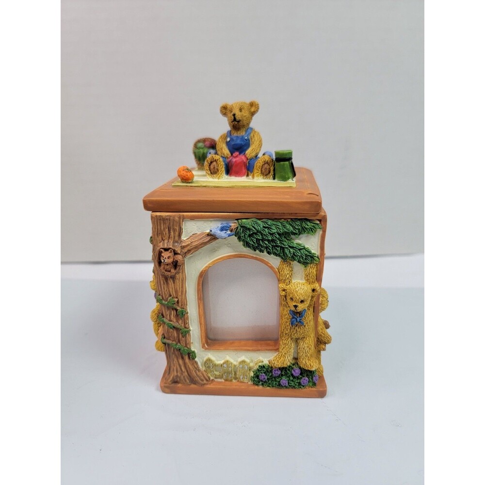 Vintage MK Enterprise Teddy Bear Glass Photo Frame Box Country House Japan